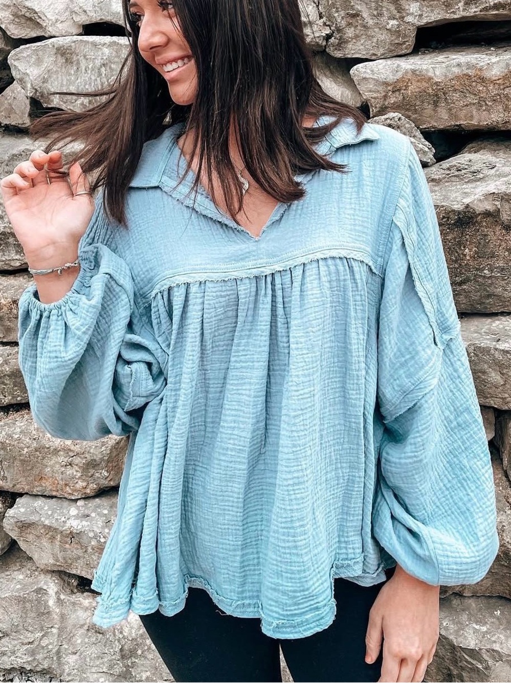 The Impeccable Pig Soft Blue Gauze Long Bell Sleeve Blouse Top